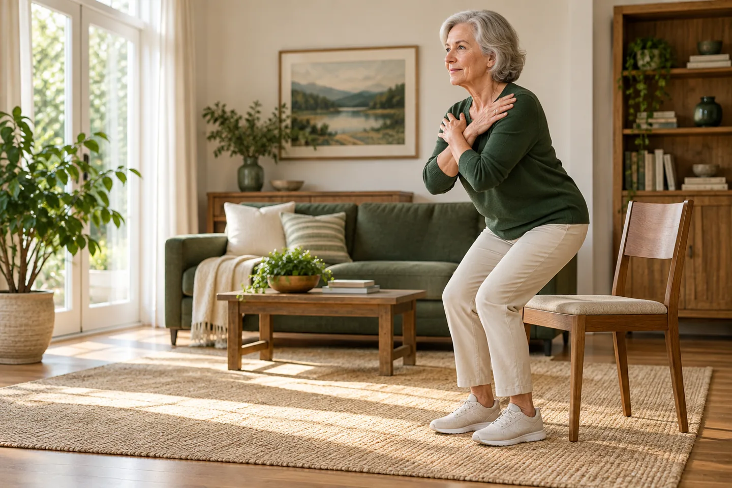 An older adult rising from a chair with arms crossed