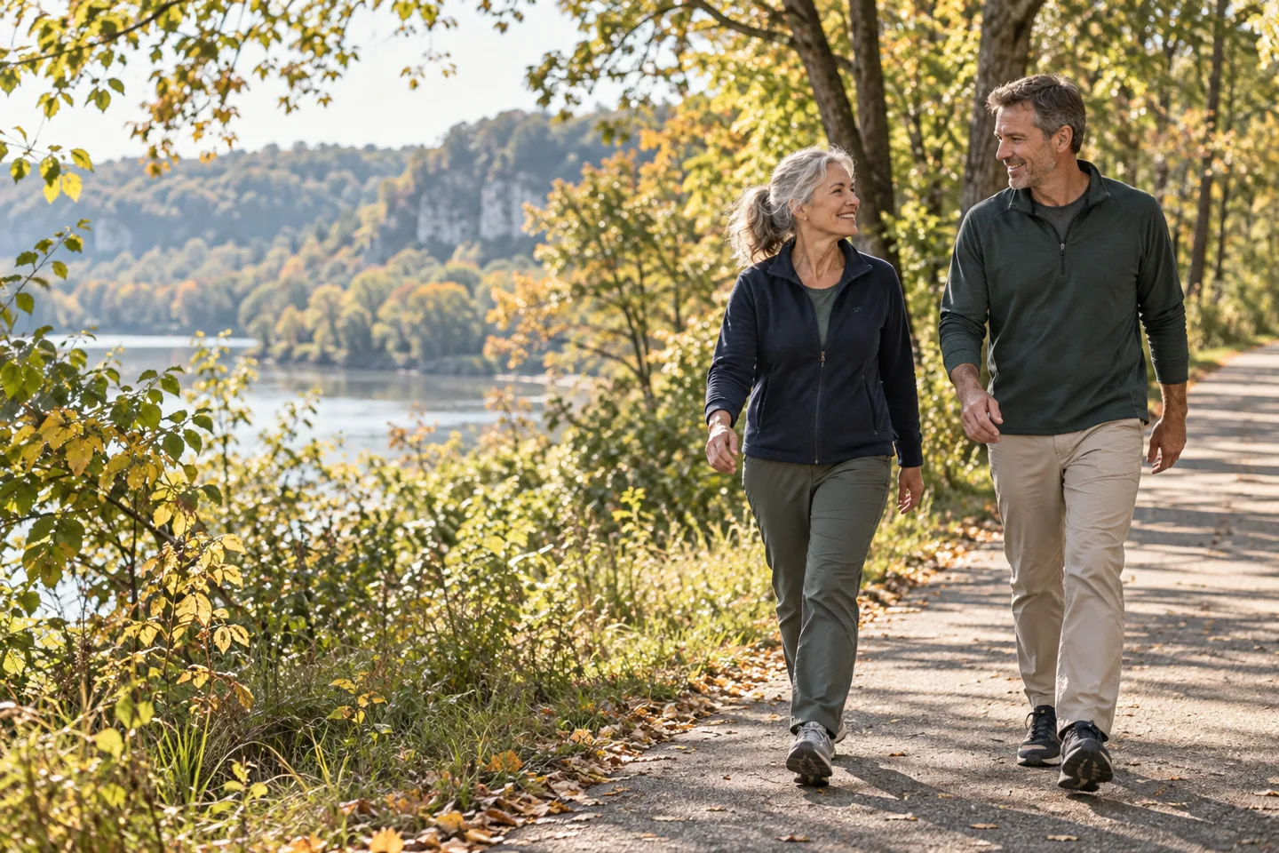 Two adults walking together on a tree-lined path